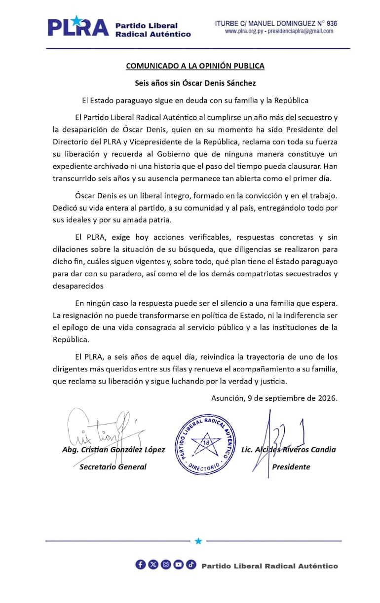 Comunicado del PLRA sobre los seis años de secuestro de Oscar Denis.