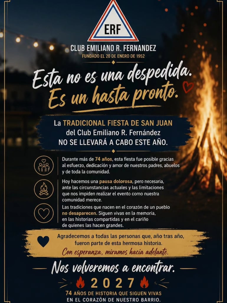 El club Emilian R. Fernández anunció que no se hará su tradicional fiesta de San Juan este 2026.