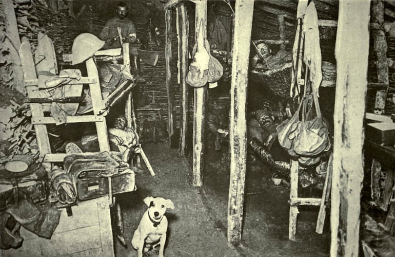 Primera Guerra Mundial: batalla de Verdún. Una de las cámaras subterráneas del sistema fortificado de Verdún fue utilizada como hospital. El pequeño perro en primer plano se negó a separarse de su amo herido. c. 1916.