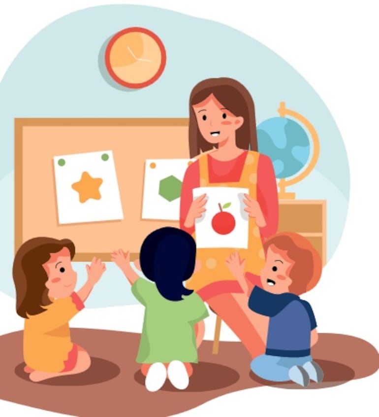 Maestra enseñando a sus alumnos sobre las frutas.