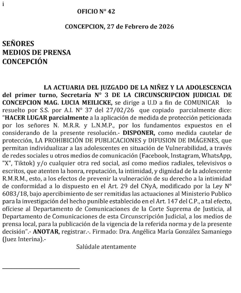 Notificación sobre la fiesta de 15 años de la hija de la gobernadora de Concepción.