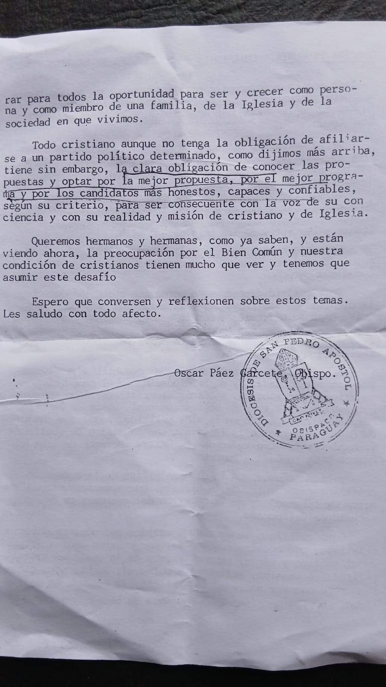 Documento impreso con texto sobre responsabilidad cristiana y participación política, con sello de la Diócesis de San Pedro.