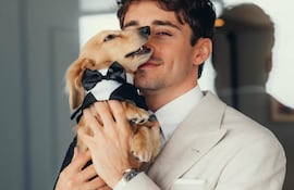 El recién casado Charles Leclerc con Leo, el perrito que se robó todos los flashes en la boda.
