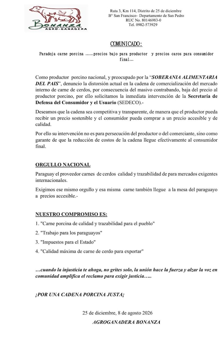 Comunicado impreso de Agroganadera Bonanza, exponiendo preocupaciones sobre precios de carne de cerdo sin personas visibles.