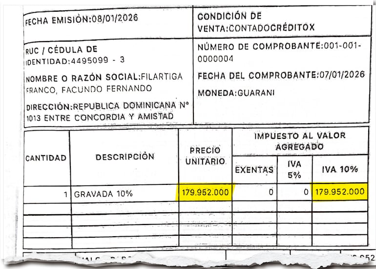 Comprobante de retención por la factura de G. 179 millones emitida por Facundo Filártiga.