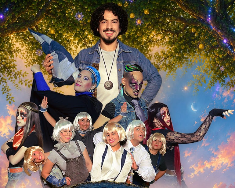Ocho personas con pelucas coloridas y vestimenta diversa, en un ambiente de fantasía, mostrando alegría y sorpresa.