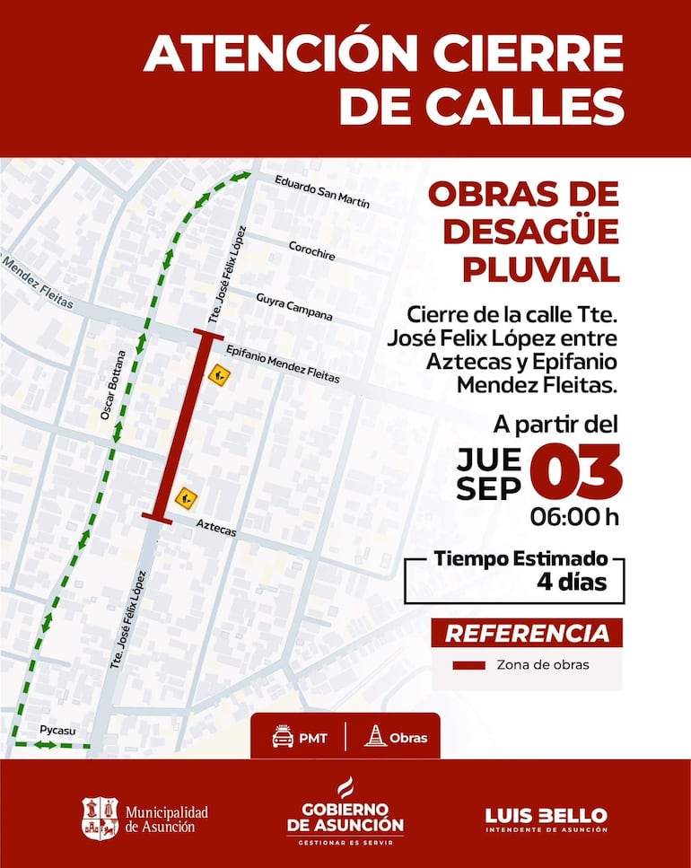 Cartel informativo de cierre de calles en colores rojo y blanco, con mapa y dirección de obras, sin personas visibles.