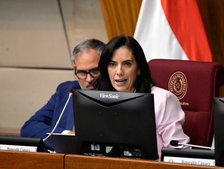 Claudia Centurión habla en micrófono, vistiendo blusa clara, mientras un hombre con gafas la escucha en un entorno legislativo formal.