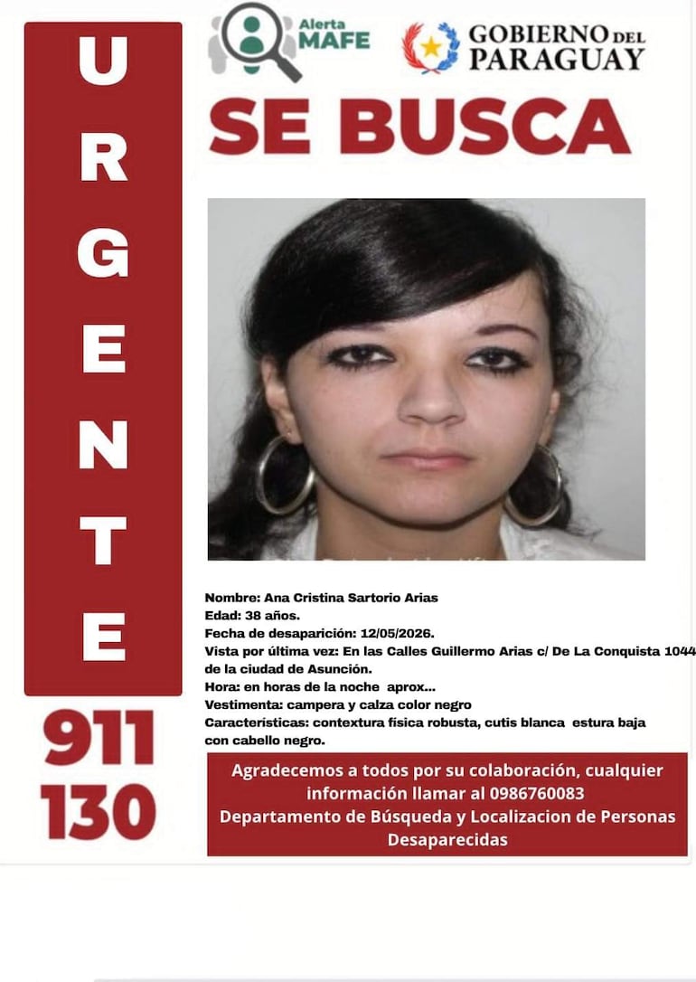 Cartel de búsqueda con foto de Ana Cristina Sartorio Arias, mujer de cabello negro, robusta, vestida con campera y calza negra.
