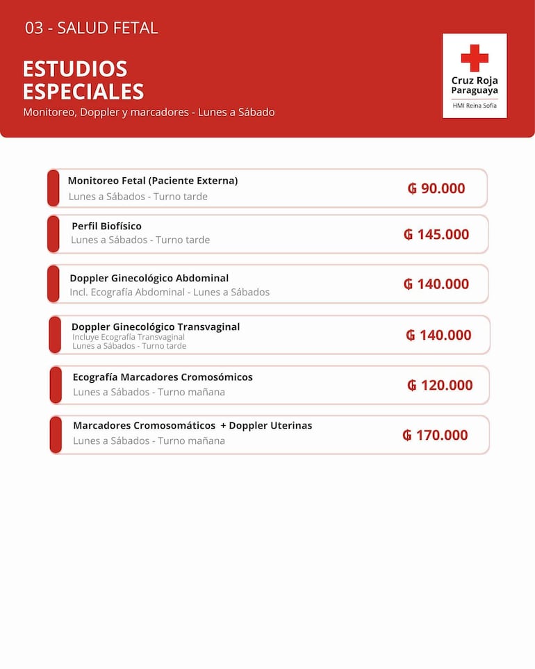 Documento informativo de Cruz Roja con aranceles para estudios de salud fetal, fondo blanco y encabezados rojos.
