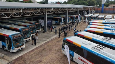 Grupo de 15 personas conversando en un garaje, rodeados de nuevos autobuses de la marca Volkswagen.