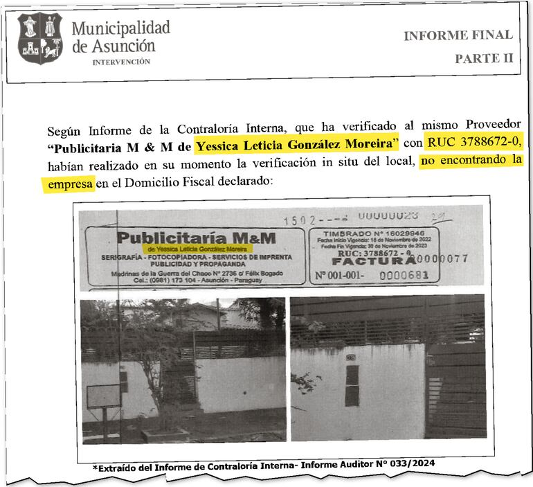 Informe final de la intervención a la gestión de Óscar "Nenecho" Rodríguez en el cual consta que las empresas, cuyas facturas se usaron para justificar gastos de caja chica, serían "fantasma".