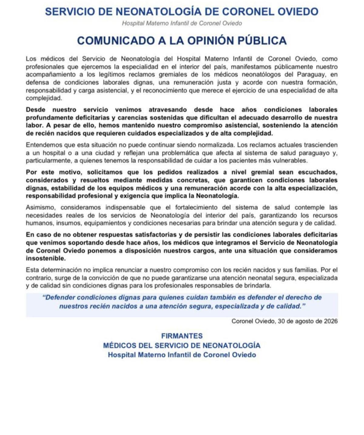 Neonatólogos de Coronel Oviedo ponen sus cargos “a disposición”
