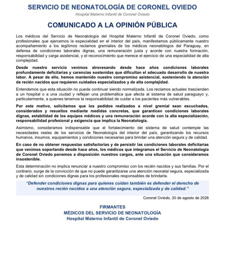 Comunicado de neonatólogos de Coronel Oviedo.