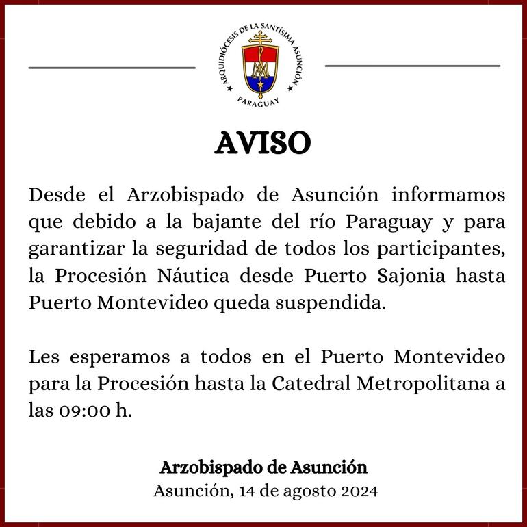 Aviso del Arzobispado de Asunción sobre la procesión náutica.
