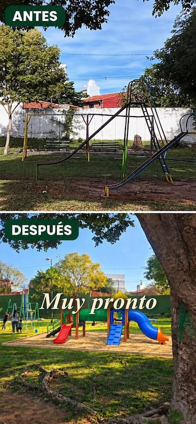 Parque infantil Acosta Ñu con nuevos juegos coloridos, adultos interactuando y césped verde en un ambiente exterior.