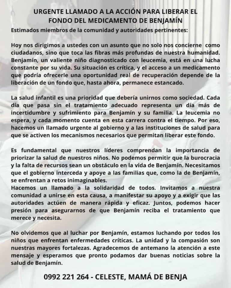 Comunicado de la familia de Benjamín, que espera la provisión del costoso fármaco Blinatumomab.