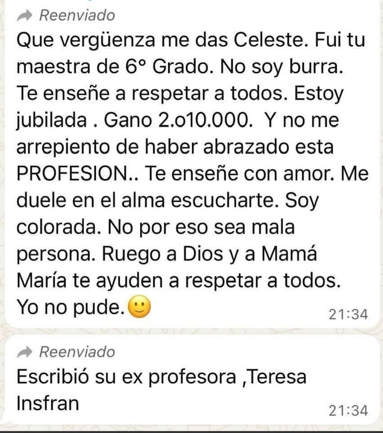 Respuesta de una exdocente a la senadora Celeste Amarilla.