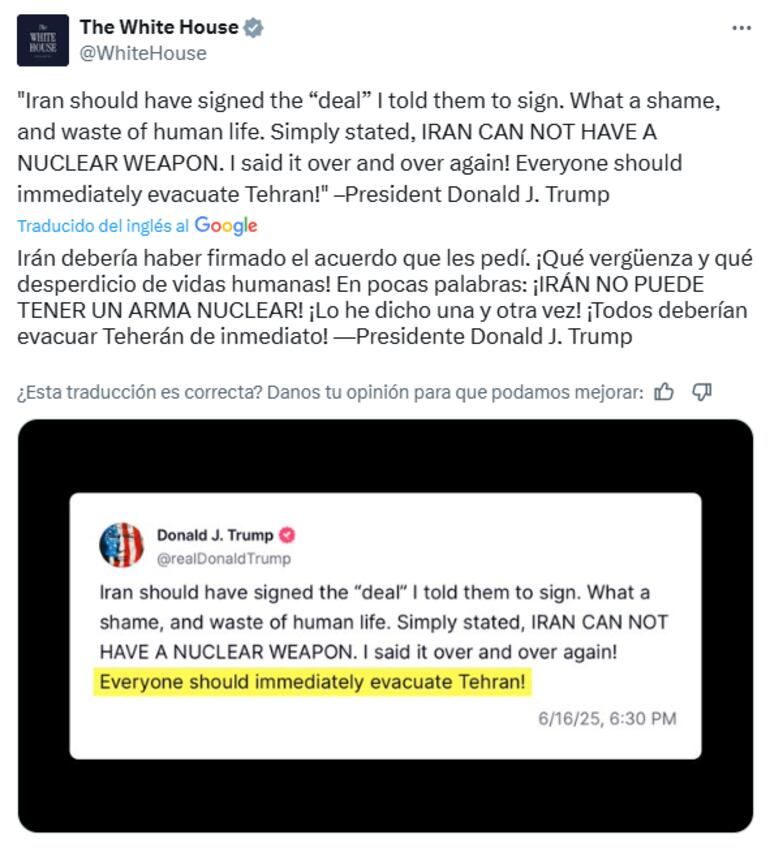 Posteo del Presidente de Estados Unidos Donald Trump sobre abandonar Irán.