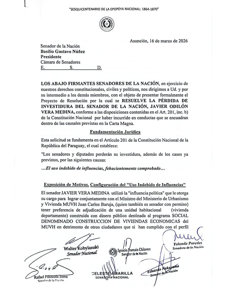 Pedido de perdida de investidura contra el senador Javier Vera.