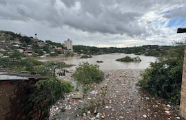 Agua contaminada con basura flota entre árboles y edificaciones inundadas en un paisaje desolador.