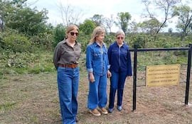 Tres mujeres en jeans y blusas conversan en un entorno natural, mientras sostienen un cartel sobre la desaparición de Oscar Denis.
