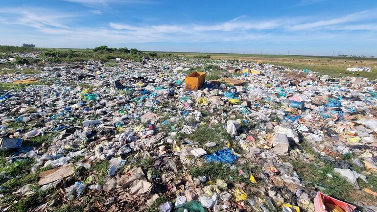 Basural a cielo abierto en Villa Florida, cubierto de basura y vegetación, sin personas presentes.