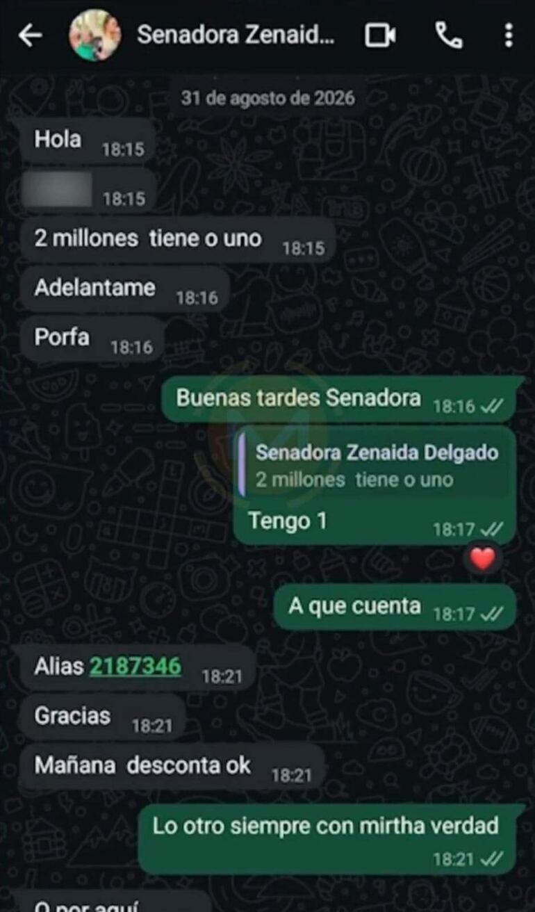 Conversación digital donde se menciona a Zenaida Delgado discutiendo pagos de 2 millones con funcionarias.