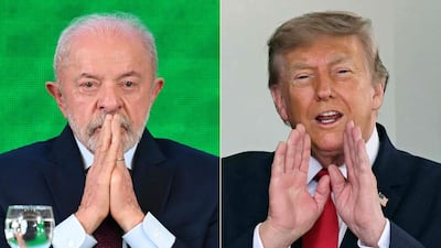 (FILES) (COMBO) This combination of pictures created on July 25, 2026 shows Brazil's President Luiz Inacio Lula da Silva (L) during a meeting of the Council for Sustainable Economic and Social Development at the Itamaraty Palace in Brasilia on June 10, 2026; and US President Donald Trump greeting Prime Minister of Iraq Ali al-Zaidi outside the West wing of the White House in Washington, DC, on July 14, 2026. Brazilian President Luiz Inácio Lula da Silva spoke by phone with his US counterpart, Donald Trump, on August 21, 2026, to advocate for dialogue over tariffs imposed by Washington. (Photo by Evaristo Sa and SAUL LOEB / AFP)