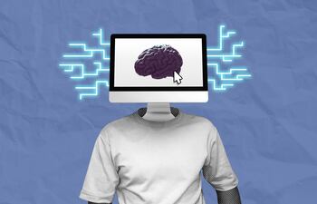 Collage digital, cerebro-computador, imagen ilustrativa.