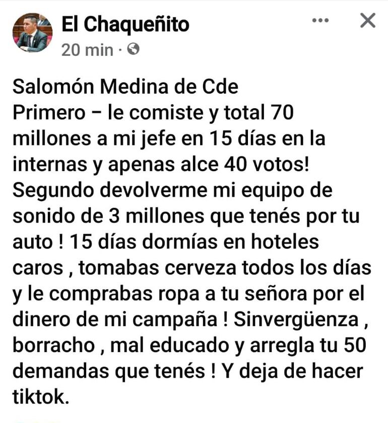 El senador Javier Vera, alias Chaqueñito, dijo que en su campaña se desembolsó G. 70 millones, pero en su declaración figura 0 gasto.