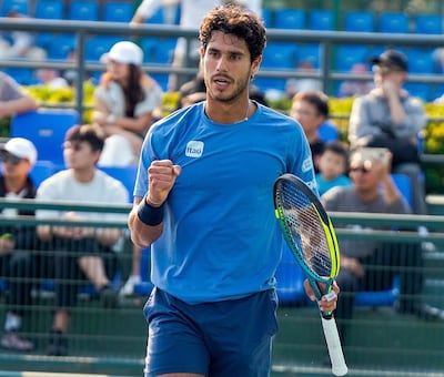 Adolfo Daniel Vallejo Álvarez (Asunción, 28/04/2004), en el festejo de uno de los puntos durante el partido contra Valentín Roger en Shanghái, la ciudad más poblada de China.