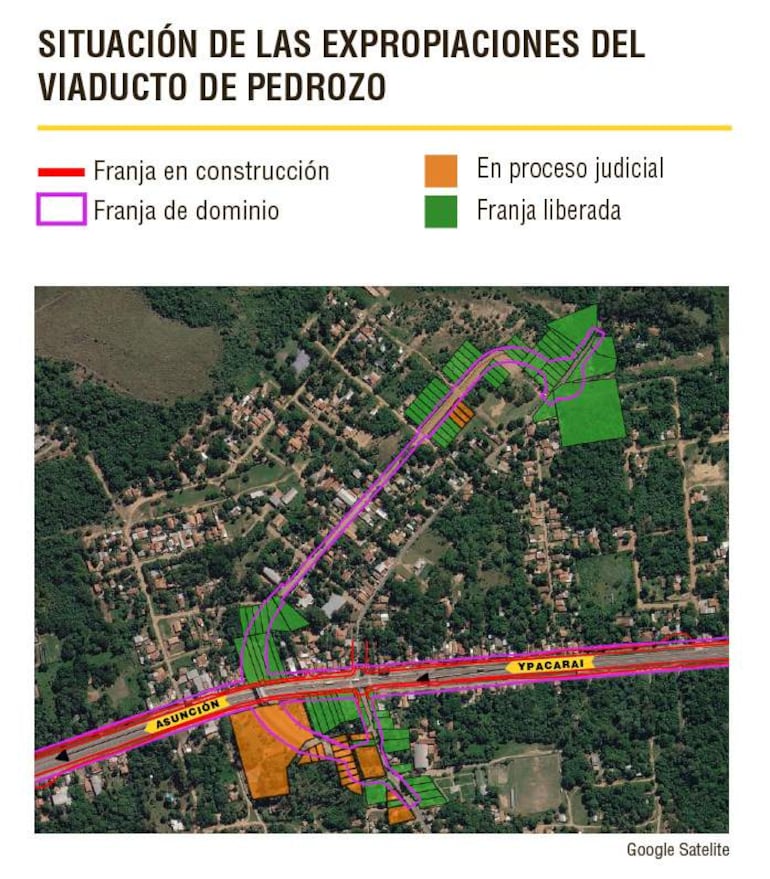 Mapa satelital mostrando diversas franjas que indican el estado de expropiaciones en el viaducto de Pedrozo.