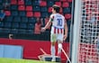 Eduardo Delmás, futbolista de la selección paraguaya Sub 20, celebra un gol en el partido frente a Venezuela por la fecha 2 del Grupo B del Fútbol masculino de los Juegos Odesur Santa Fe 2026 en el estadio Marcelo Bielsa, en Rosario, Argentina.