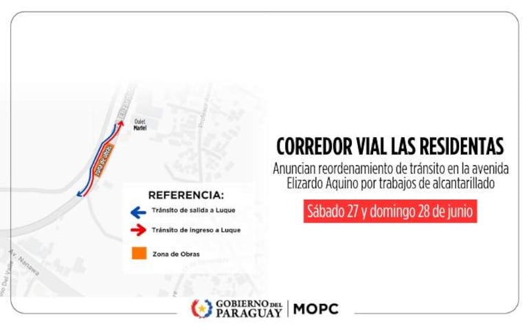 Anuncio informativo sobre reordenamiento de tránsito, con textos y gráficos indicando zonas de obras y fechas asociadas.