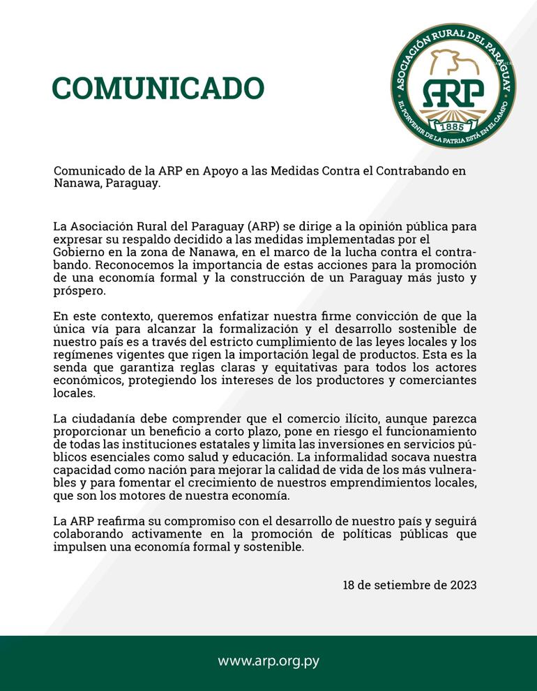 Comunicado de la ARP sobre medidas implementadas por el Gobierno Nacional en la zona de Nanawa.