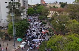 Multitud de médicos con pancartas y banderas, vestidos en su mayoría con tonos claros, durante la manifestación en la calle.