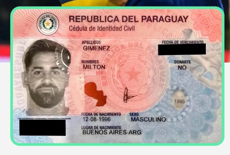 Cédula de identidad paraguaya de Milton Giménez.