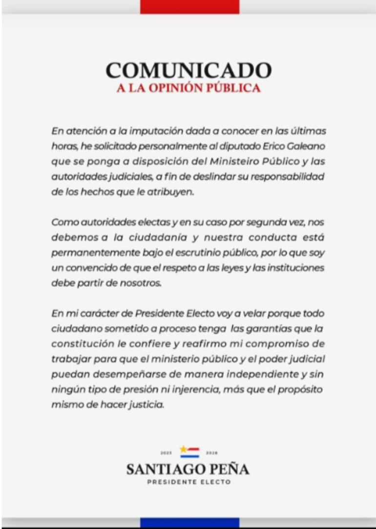 Comunicado de Santiago Peña, tras imputación contra el cartista Erico Galeano.