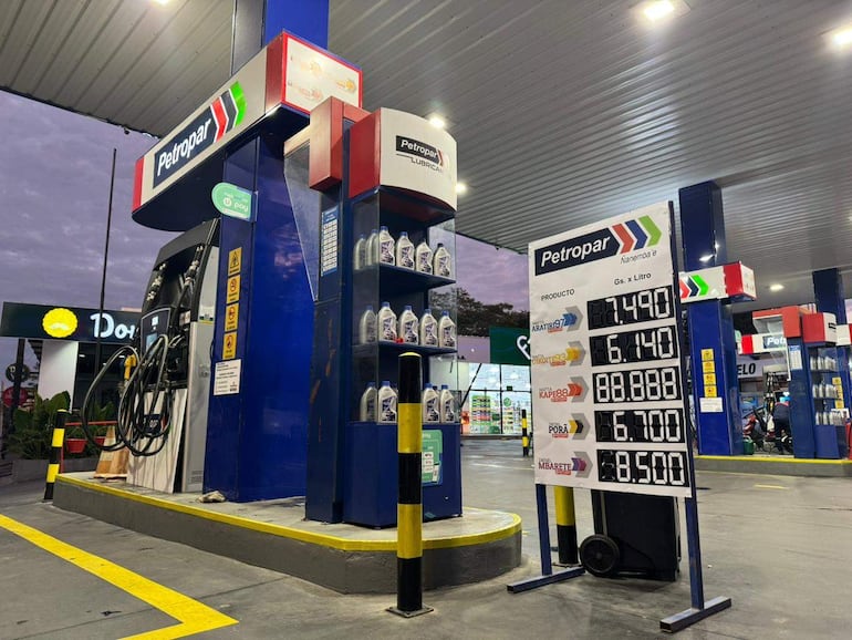 Estación de servicio Petropar con bomba de combustible y cartel de precios visible. Sin personas en la imagen.