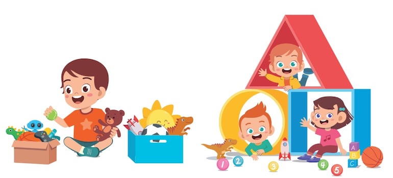 Derechos y deberes del niño. En la imagen se observa a niños ordenando la caja de juguetes, jugando y saludando.