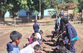 Estudiantes entusiasmados participan en actividades de huerta y educación ambiental.