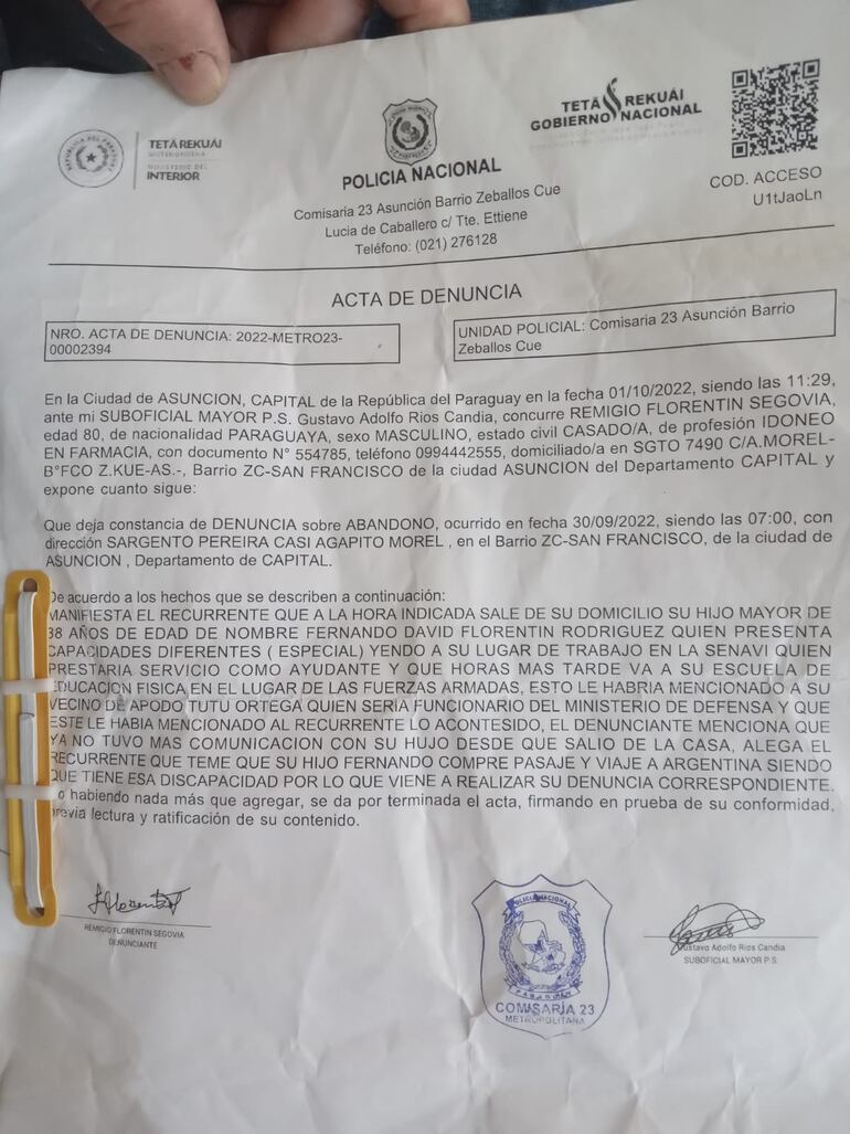 Denuncia de desaparición presentada en la Comisaría 23 Zeballos Cué