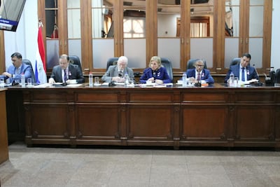 Los miembros del Jurado de Enjuiciamiento de Magistrados (JEM): los senadores Pedro Díaz Verón y Mario Varela, el ministro de la Corte y vicepresidente 2° César Garay; la titular Alicia Pucheta; el vicepresidente 1° y ministro de la Corte Manuel Ramírez Candia, el diputado Diego Candai.