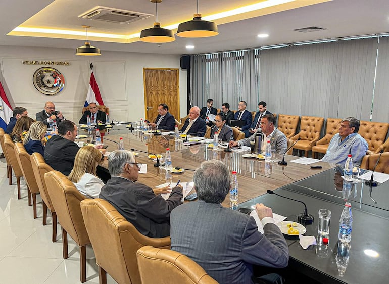 Óscar Lovera habla con micrófono, rodeado de senadores tomando notas en una sala iluminada, decorada con banderas paraguayas.