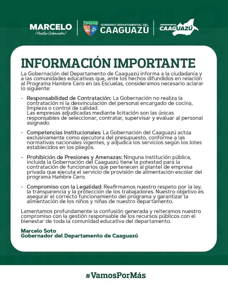 Comunicado publicado por el gobernador Marcelo Soto, ante las denuncias de Hambre Cero en su departamento.