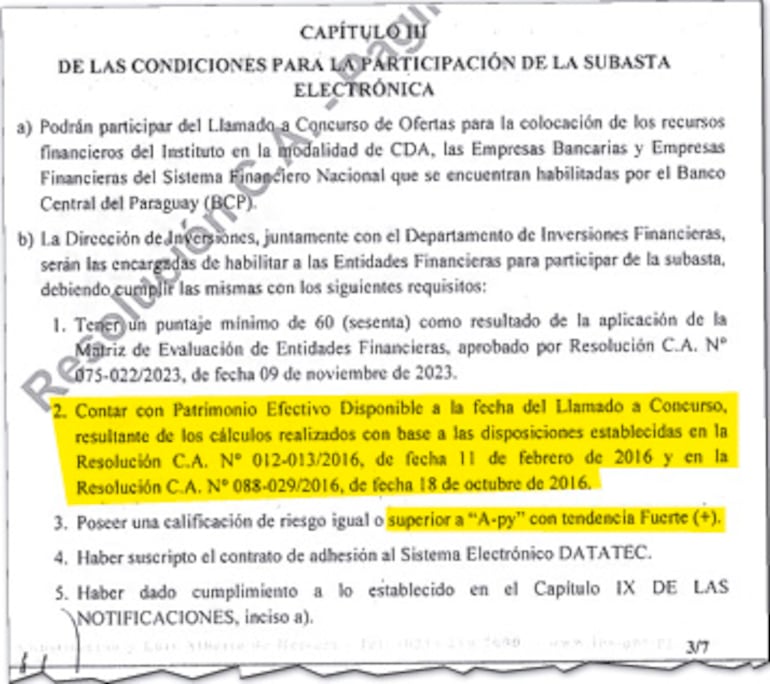 Reglamento vigente hasta el 12 de noviembre de 2024 y en el cual se establecían el Patrimonio Efectivo Disponible y la calificación de riesgo igual o superior a “A-py” con tendencia Fuerte (+).