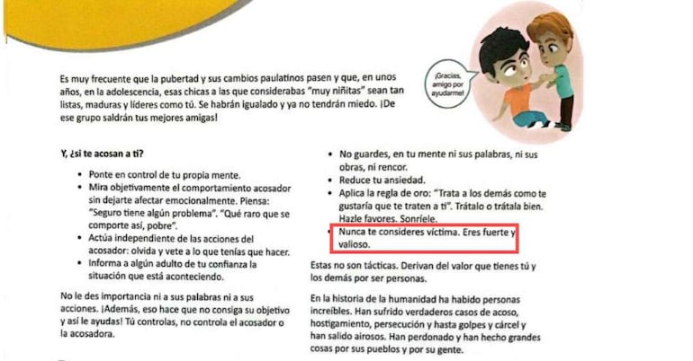 Guía educativa con dibujos animados de jóvenes, mensaje sobre empoderamiento frente al acoso escolar y bienestar emocional.