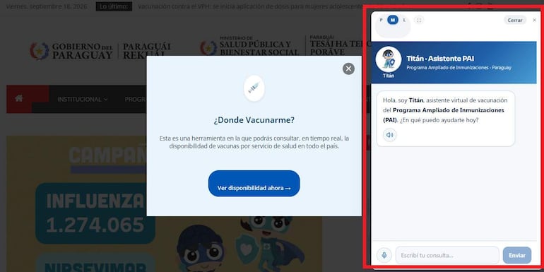 Interfaz digital del asistente virtual Titán, con información sobre vacunación en Paraguay, sin personas visibles.