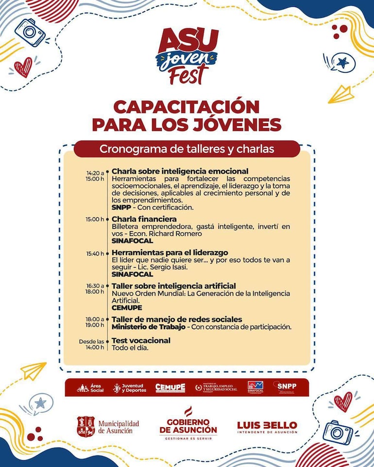 Cartel del ASU Joven Fest con cronograma de talleres sobre inteligencia emocional y finanzas en colores vibrantes.